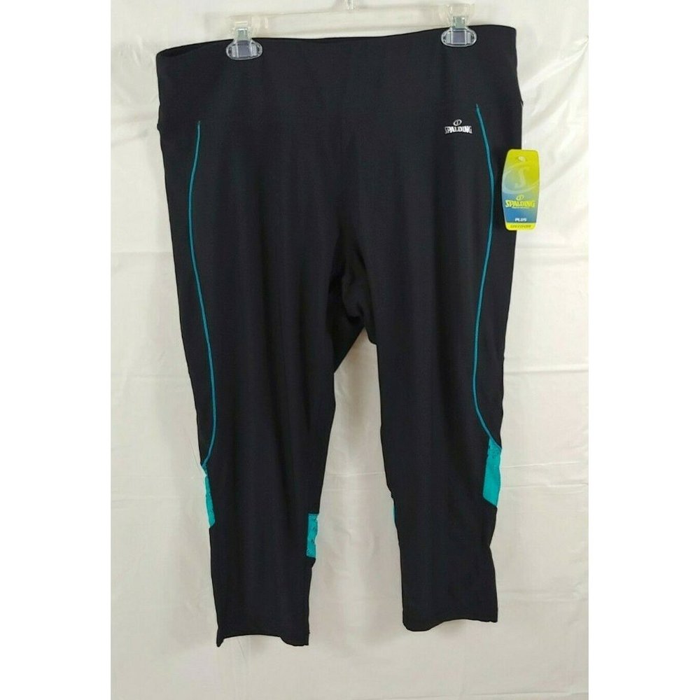 Spalding Womens Athletic Capri Pants Sz 1X Black Blue Mesh Leg Detail Stretch